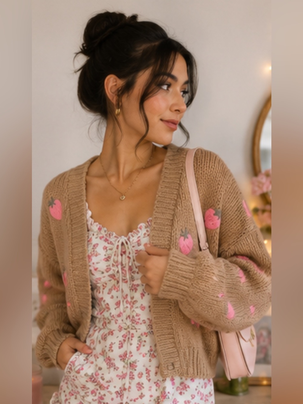 Forever 21 Chunky Tan Cardigan Sweater with Cute Pink Strawberry Embroidery 🍓 - Picture 3 of 14